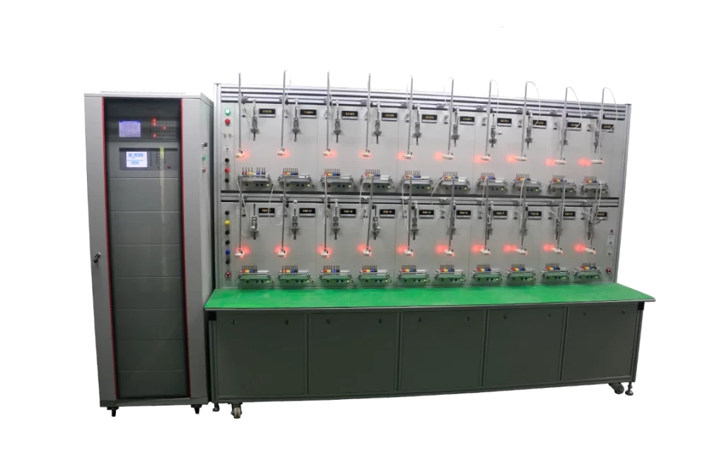 Smart energy meter test bench for electrical testing and calibration.