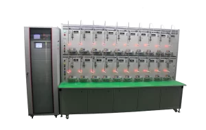 Smart energy meter test bench for electrical testing and calibration.