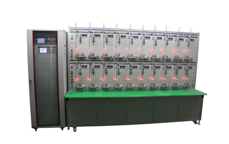 Smart energy meter test bench for electrical testing and calibration.