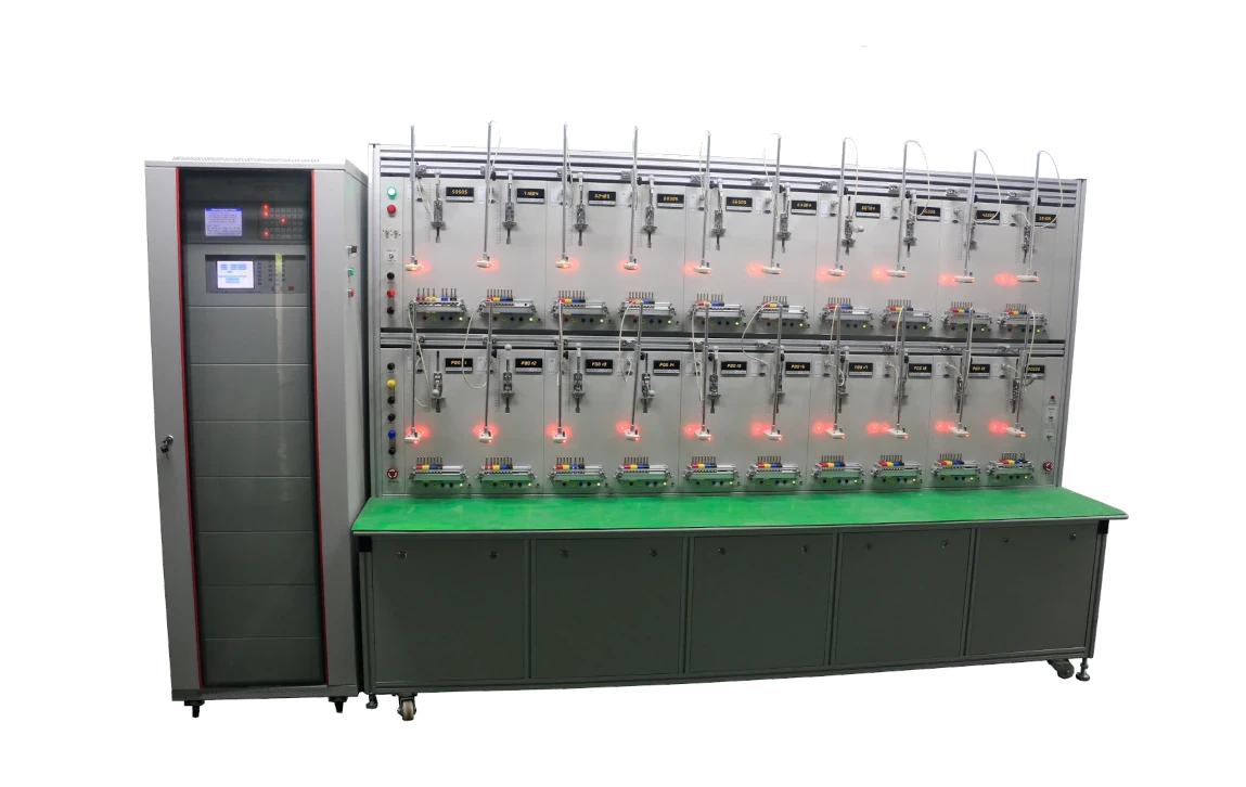 Smart energy meter test bench for electrical testing and calibration.