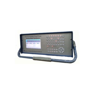 Portable three-phase energy meter testing unit with a display and carrying handle.
