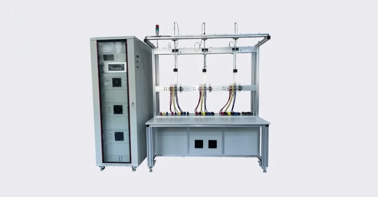 Three-phase energy meter test bench with multiple meter connection positions.