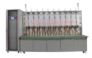 Smart energy meter test bench with multiple meters and wiring setup.