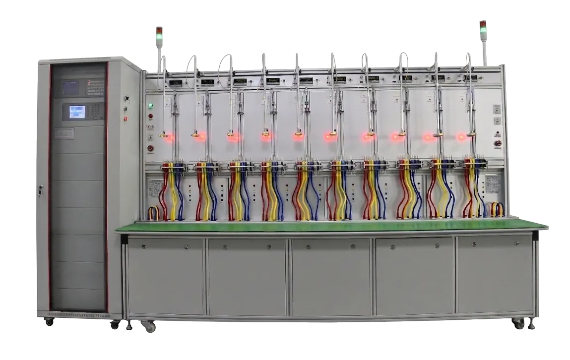 Smart energy meter test bench with multiple meters and wiring setup.